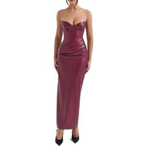 Women's Leather Midi Dress with Asymmetric Back Lacing (Fits Large, Size Down) (Medium, 01 Burgundy)
