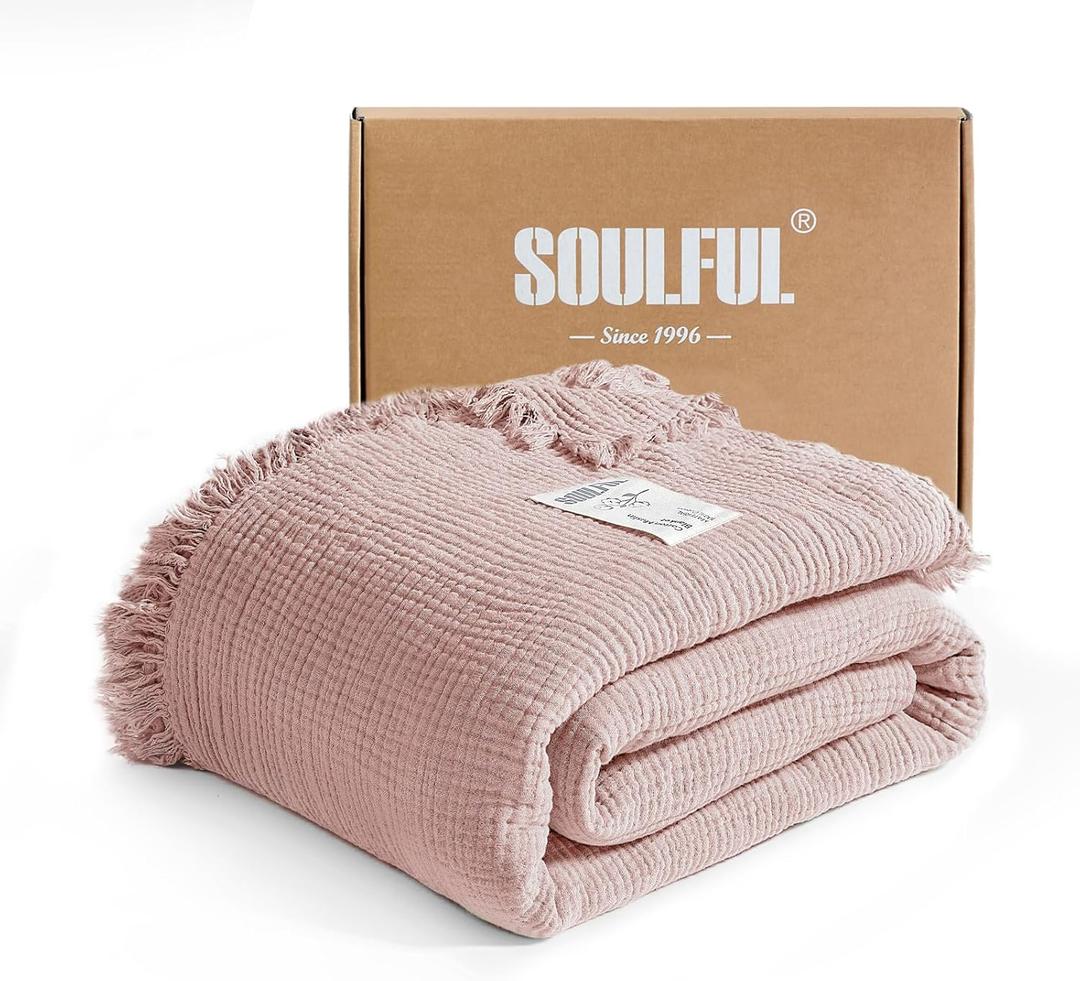 SOULFUL Muslin Throw Blanket with Tassels - Soft Full Size Cotton Throw Blanket for Couch or Bed, Lightweight and Breathable Gauze for All Seasons, LightChampagne, 66" x 90"