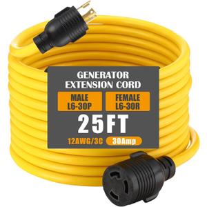 NEMA L6-30 Generator Extension Cord, NEMA L6-30P Male Plug to L6-30R Female Receptacle 3 Prong 30 Amp Generator Locking Power Cord, 3x12 Gauge, 250volt 7500watts Power Cable(25ft)