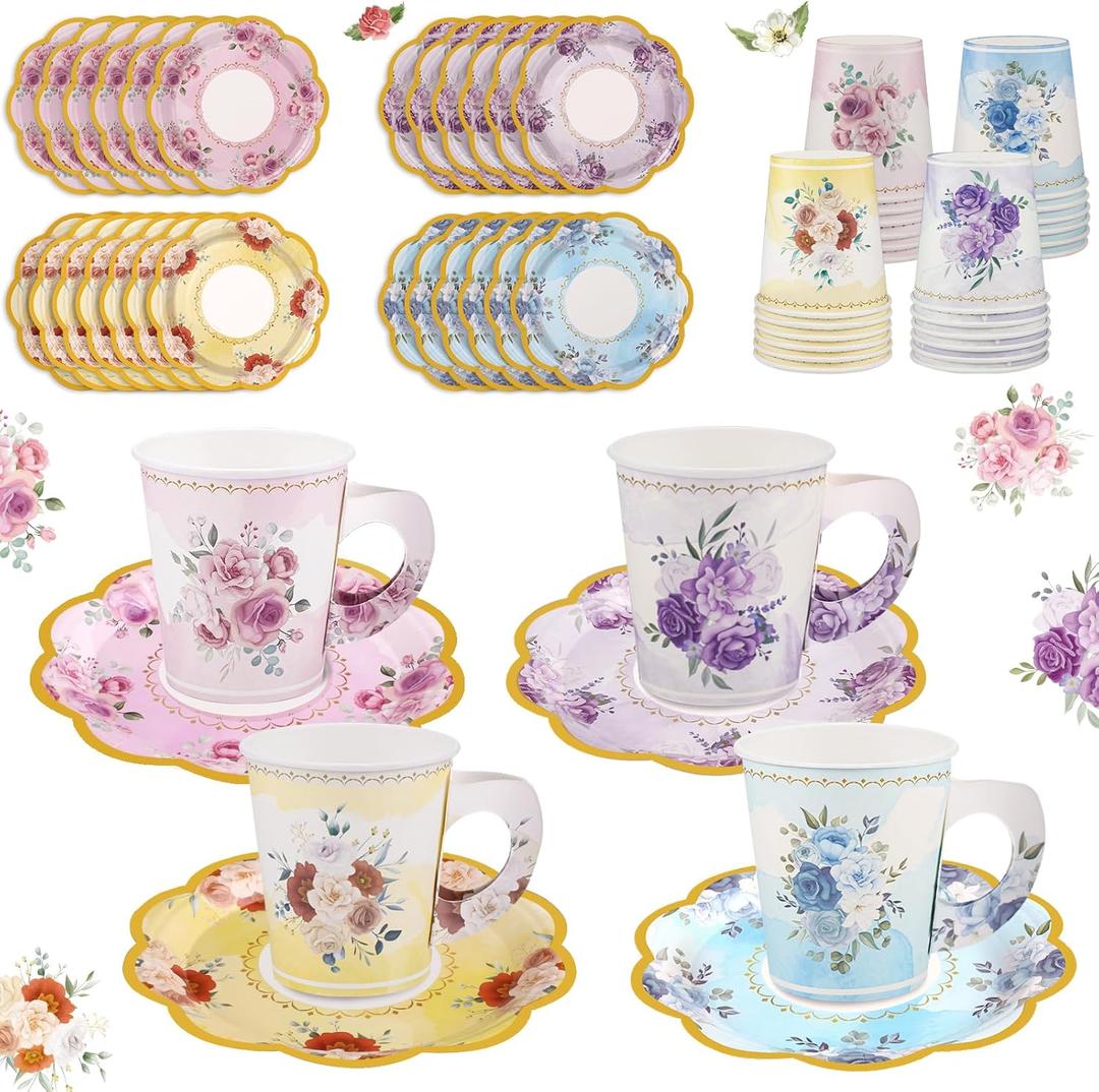 24 Sets Disposable Paper Tea Cups 7 OZ Floral Tea Party Cups with Handle and Plates Teacups and Saucer Sets for Garden Party Baby Bridal Shower Birthday(Watercolor Style)