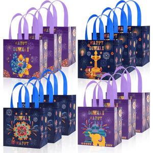 HOWAF 12Pcs Happy Diwali Gift Bags, Diwali Decoration Non-Woven Tote Bags, Festival of Lights Reusable Treat Bags with Handle for Diwali Favor Gifts Wrapping, Indian Deepavali Candy Bags
