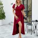 Long Black Formal Dresses for Women Gowns Evening Party Cocktail Dress,Split Elegant V Neck Wrap Ruffle Wedding Guest Dresses (Red), Large