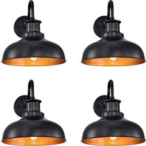 Outdoor Barn Lights, Farmhouse Outdoor Wall Sconces, Rustic Exterior Wall Mount Lights, Vintage Outside Lighting Fixtures, Industrial Black Gold Lanterns for Porch Garage Patio, 4 Pack, 03RZ007-4 PACK