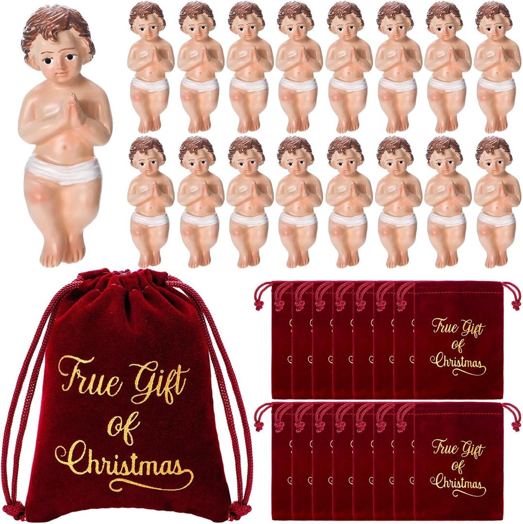 16 Sets Baby Jesus Figurine Statue Mini Baby Jesus in Velvet Bag Christmas Figurine Religious Xmas Party Supply True Gift of Christmas Nino Dios Nativity 1.97 Inch