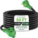 RVGUARD 30 Amp 50 Foot RV Extension Cord, Heavy Duty 10/3 Gauge STW Cord with LED Power Indicator and Cord Organizer, TT-30P/R Standard Plug, Green, ETL Listed