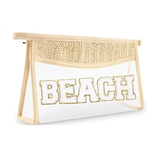 2 Pcs Boho Straw Clear Makeup Letter Pouch, Sunscreen SPF Bag Pouch, Waterproof Beach Toiletry Bag Accessories for Women