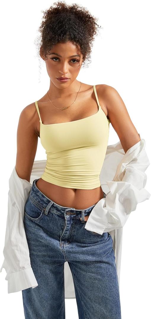 SUUKSESS Women Double Line Square Neck Tank Top Summer Y2K Going Out Basic Cami Shirt (Yellow, S)
