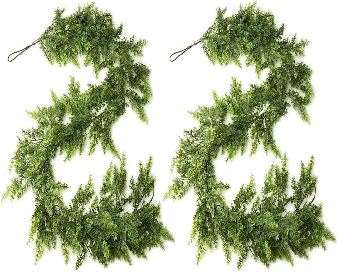 AONEGOLD 2PCS Christmas Garland with Hangers 6FT Green Faux Cedar Pine Norfolk Garland for Fireplace Mantel Door Frame Home Holiday Party Decor, Realistic Artificial Christmas Wreath Decorations