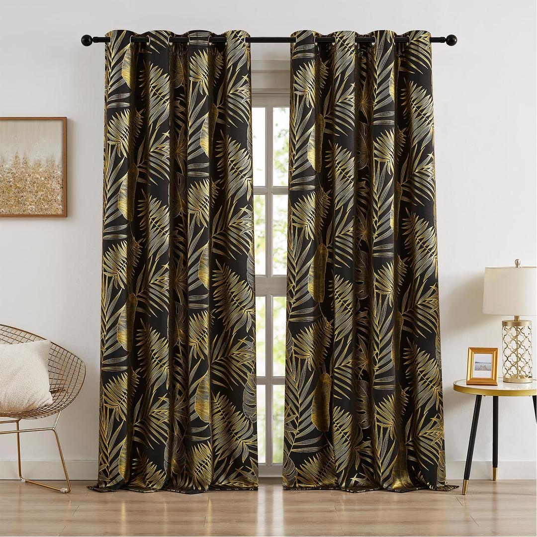 Black Gold Full Blackout Curtains for Bedroom Tropical Leaf Curtain Panels Room Darkening Thermal Insulated Noise Reducing Grommet Window Treatments Sets, 52x90Inch, 2 Panels