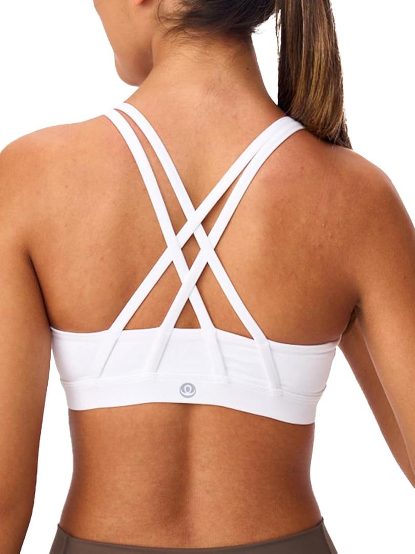 Women's Strappy Sports Bras Light Compression Crop Criss Cross Back Padded Workout Yoga Bra Supportive U Neckline (White), S