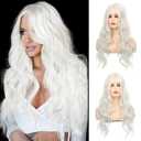 Sallcks Womens White Wig Long Curly Wavy Cosplay Middle Part Synthetic Heat Resistant Costumes Wig for Daily Party Halloween