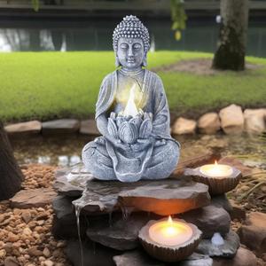Goodeco Buddha Statue with Solar Lotus - Garden Yoga Statues with LED Solar Lotus Lights, Sitting Meditating Buddha Serene Resin Figurine for Patio Yard Lawn Ornaments,Home or Outside, LD602320