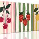 LHHJDIO 3 Piece Trendy Fruit Canvas Wall Art Vintage Kitchen Wall Art Colorful Cherry Strawberry Lemon Pictures Wall Decor Fruit Abstract Art Print for Kitchen Dining Room Bedroom 12"x16"