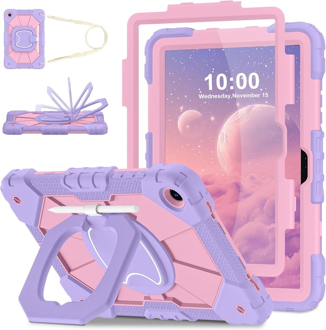 WESOROL Case for Samsung Galaxy Tab A11 Plus Galaxy Tab A9 Plus 11 Inch,Shockproof Cover for Samsung Tablet A11+/A9+ Case with Screen Protector 360 Rotating Stand Pencil Holder,Purple Rose