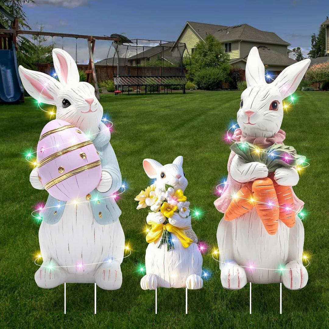 Extra Large Easter Decorations Outdoor Bunny Yard Signs 3pcs with Stakes Cute Bunny Yard Decorations with LED Lights Holiday Welcome Signs for Party, Lawn, Garden Yard Decor