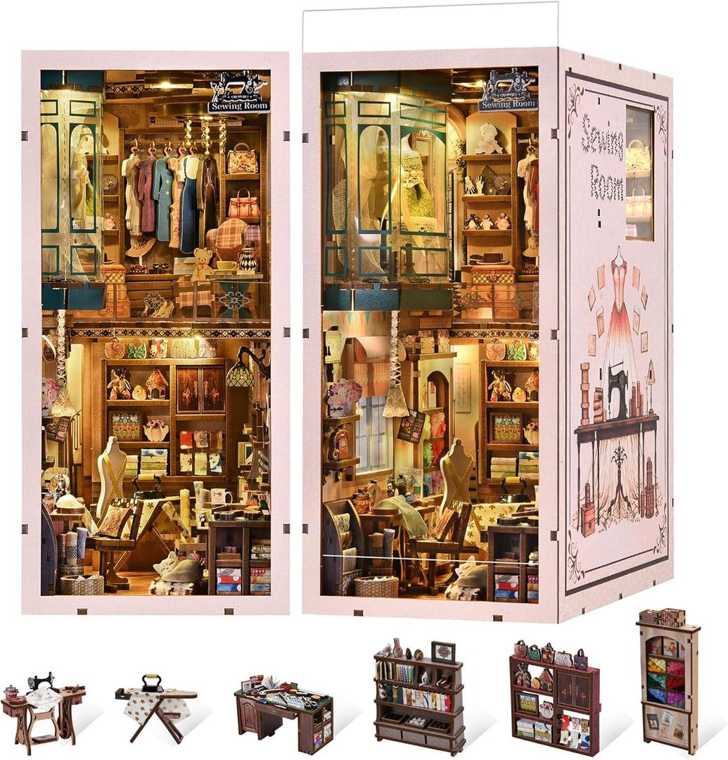 Book Nook Kit - DIY Miniature House Dollhouse Kit for Adults and Teens, Booknook Tiny House Bookshelf Decor 3D Wooden Puzzle, Gifts for Family Friends (Sewing Room)