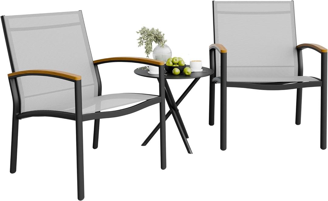 Shintenchi 3 Pieces Patio Bistro Sets, Outdoor Textilene Fabric Conversation Bistro Set, Textilene Fabric Front Porch Chairs Small Patio Furniture Set with Table for Lawn,Garden,Balcony (Grey) Shintenchi 3 Pieces Patio Bistro Sets, Outdoor Textilene Fabric Conversation Bistro Set, Textilene Fabric Front Porch Chairs Small Patio Furniture Set with Table for Lawn,Garden,Balcony (Grey)