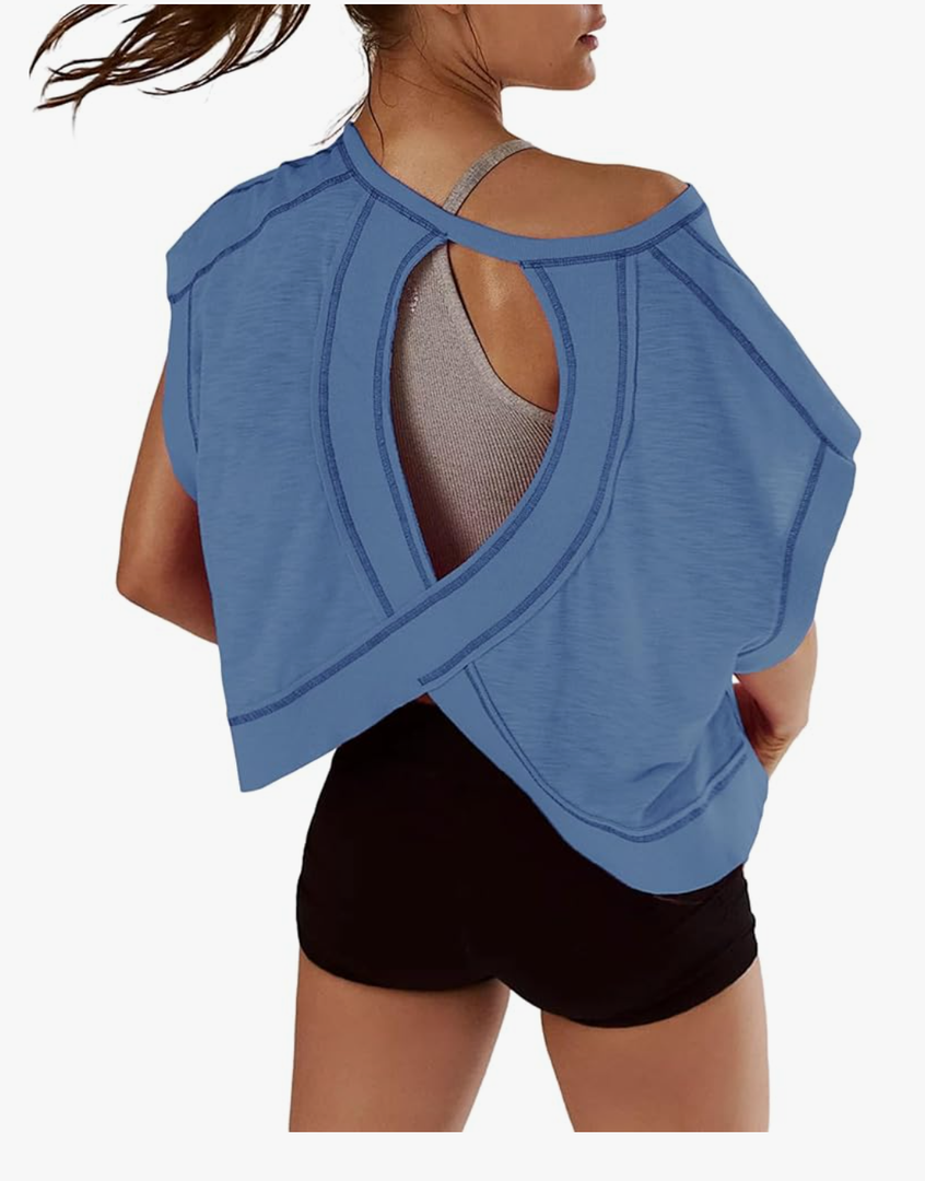 Kumufenc Women Short Sleeve Workout Shirts Open Back Tops Casual Yoga Y2k Athletic Gym Slouchy Crop Running Tees(Blue S)