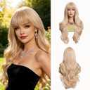 Platinum Blonde Curly Wig with Bangs Long Blonde Wigs for Womens Natural Looking Light Blonde Wigs Synthetic Hair Replacement Wig Wear and Go Glueless Wigs for Women Daily Party Use