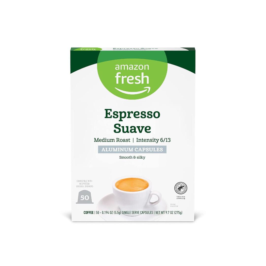 Amazon Fresh Espresso Suave Medium Roast Aluminum Capsules, Compatible with Nespresso Original Brewers, Intensity 6/13, 50 Count (5 Packs of 10)
