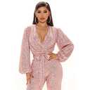 Long Sleeve Women Jumpsuit Deep V-neck Long Leg Pant Bling Shiny Sequin Party Romper (S, Pink)