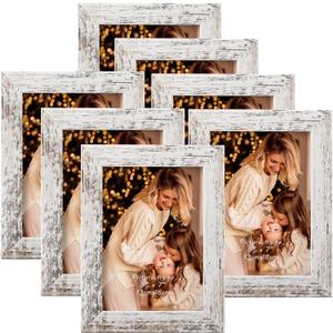 PETAFLOP 5x7 Picture Frame Set of 7, Distressd Rustic Frames Display 5 by 7 Inch Photo for Wall or Tabletop (Distressed White)