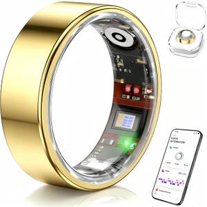 Smart Ring for Women & Men, Health Tracker Ring Supports Heart Rate, Blood Oxygen, and Charging case, IP68 Waterproof Fitness Ring for iOS and Android, No Subscription Fee (Gold, 8#)