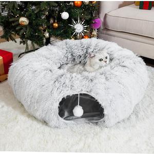 LVUVXVAV Cat Tunnel Bed for Indoor Cats, Under Christmas Tree Skirt, Donut Tunnel Toys for Multiple & Large Cats, Bed Cave Hideaway for Kitten, Rabbit, Puppy, Gray (XL)