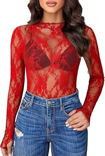 Avidlove Women's Mesh Top Long Sleeve Mock Neck Sheer Blouse See Through Floral Lace Tops (Red, Medium)