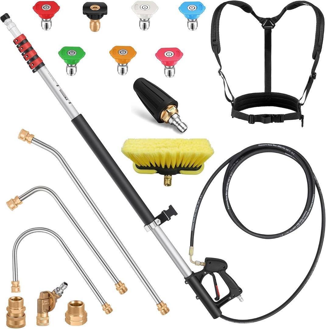 24 FT Gutter Cleaning Tools from The Ground - Telescoping Pressure Washer Wand - Gutter Cleaner Attachment with Power Washer Extension Wands, Brush, 7 Spray Nozzle Tips, 3 Hose Adapters, Support Belt