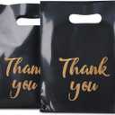 Merchandise Bags, 9 x 12 Inch Shopping Bags with Die Cut Handles, 100 Count Thank You Bags for Business Small, Plastic Shopping Bags for Boutique, Trade Show (Black)