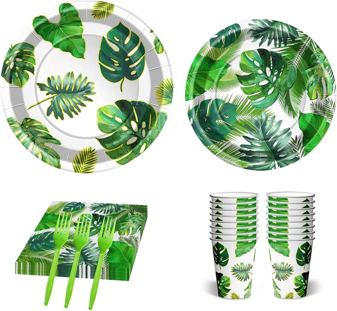 84Pcs Hawaiian Luau Party Supplies Set Tropical Green Palm Leaf Disposable Plates Cups and Napkins Disposable set for Summer,Beach (Palm Leaf)