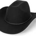 Western Cowboy Hat for Men Women Classic Roll Up Fedora Hat with Buckle Belt(Size:S-M) (Black With Rope Band)