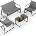 Gizoon 4 Piece Patio Furniture Set, Outdoor Conversation Set, with Glass Coffee Table, Loveseat, 2 Single Chairs, All Weather Textile Fabric, for Backyard, Balcony, Lawn, Garden, Poolside, Grey