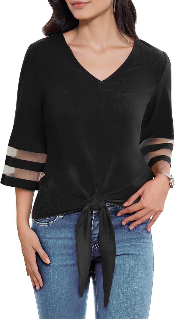 Women's V Neck Mesh Panel Sleeve Tops Tie Knot Hem Tops 2025 Summer Casual Blouses 3/4 Bell Sleeve Loose Shirt (Black, M)