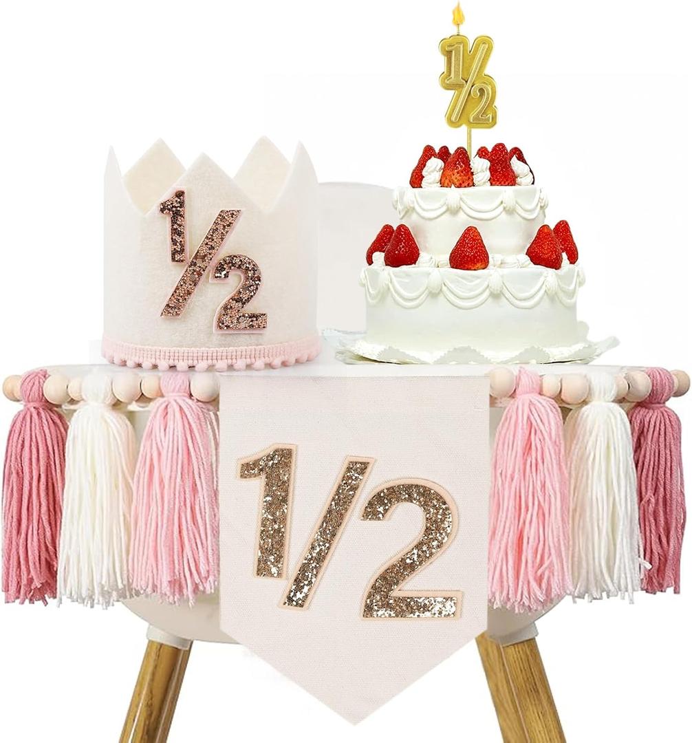 1/2 Birthday Girl, Half Birthday Decorations, 6 Month High Chair Banner, Bling Party Decorations Set With Handmade Cake Candle Crown Hat (Pink)