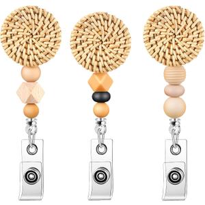 3 Pieces Boho Badge Reel ID Rattan Badge Reels ID Badge Reel Cute Retractable Nurse Badge Holder Christmas Gift Wood Bead Nature Name Badge Holder for Worker Nursing Supplies