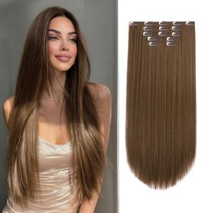 Clip in Hair Extensions Straight 26 Inch Long Invisible Synthetic Extension 5PCS Thick Fake Heat Resistant Clips on Hairpieces for Women Weddings Party Daily Use Golden Copper 8.1 Oz