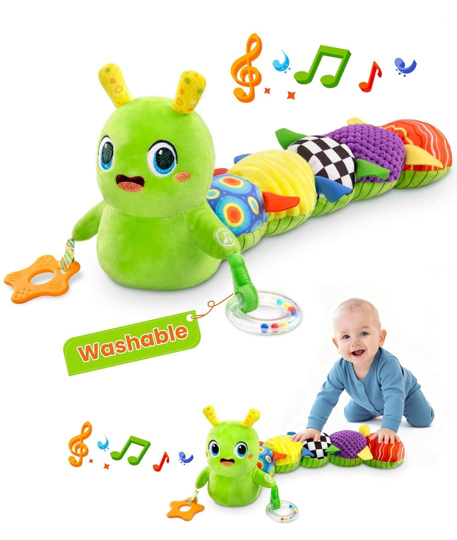 Baby Toys 0-6 Months, Washable Baby Musical Caterpillar Toys with 10 Children's Songs, Rattles, Teething Toys, Suitable for 0-6, 6-12 Months Infant Tummy Time Toy, Newborn Baby Boy&Gril Toy(Green)