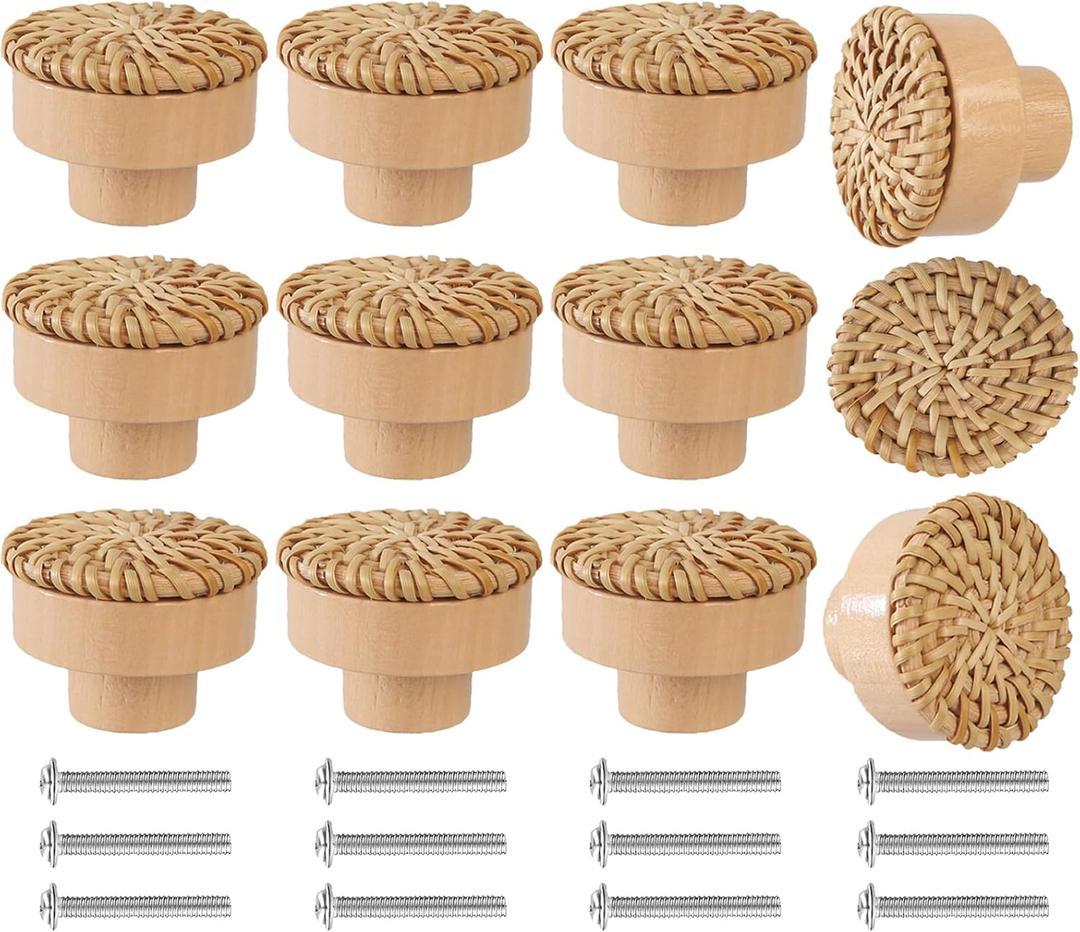 12 Pack Boho Rattan Dresser Knobs Handmade Wooden Drawer Knobs Durable Beech Wood Drawer Pulls, with 24 Screws Wicker Woven Pulls for Cabinets, Furniture