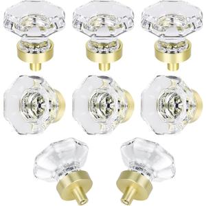 Gold Crystal Glass Cabinet Knobs, Satin Brass Pulls and Knobs for Cabinet Dresser Drawer(8Pcs,Octagon)