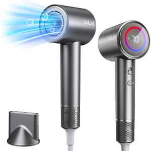 Hair Dryer, 110000 RPM High-Speed Brushless Motor Negative Ionic Blow Dryer for Fast Drying, Low Noise Thermo-Control Hair Dryer with Nozzle and Tri-Colour LED Light Ring for Home, Travel (Gray)