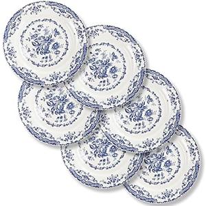 HomeElves Salad Plates, Ceramic Plates Set of 6, Kitchen Plates Microwave Safe, 8.5 Inch White Plate Dessert Blue Floral