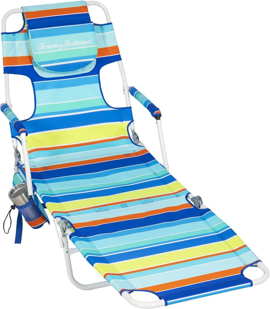 Tommy Bahama Read Through Backpack Beach Lounge Chair with Pillow, Arms, and Cup Holder, Multi-Position Adjustable Folding Outdoor Chaise Lounger, Multicolor, 17"D x 24"W x 34"H