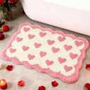 Dunzy Valentine's Day Heart Bath Mat Scalloped Rug Pink Coquette Heart Tufted Bath Mat Valentines Bathroom Decor Non Slip Washable Shower Rug for Bathroom Home Kitchen Living Room Bedroom