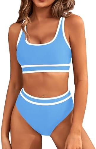 BMJL Women's High Waisted Bikini Sets Sporty Two Piece Swimsuits Color Block Cheeky High Cut Bathing Suits, S