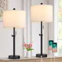 Kondras Table Lamp for Bedroom Set of 2, 23" to 30" Height Adjustable Bedside Lamp with 2 USB Ports, Black Nightstand Lamp with White Shade, Modern Pull Chain Table Lamp for Living Room End Table
