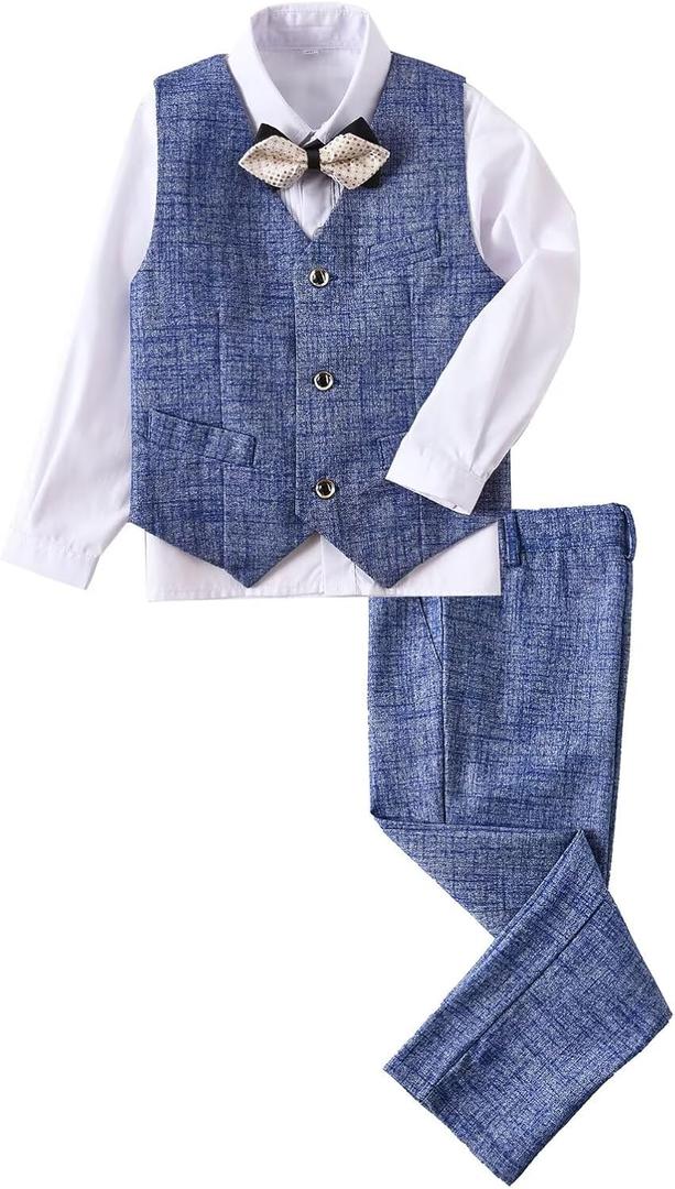 Boys Suit Formal Wedding Ringer Outfit Plaid Stripes 4 Piece Kids Suits for Boys Slim Fit Suit Blue Size 8 Vest Pants Shirt Set with Bow Tie Blue
