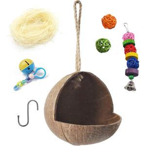 Natural Coconut Bird Nest,Hanging Coco Birds House Habitats Decor,Parrots Coconut Shell Nest Hideout with Grinding Beak Toys,Bird Cage Accessories Coconut for Canary Lovebird Cockatiel