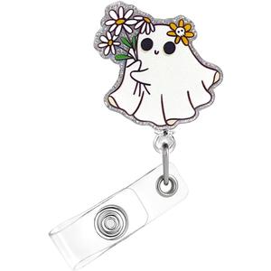 2 x Halloween Badge Reel,Cute Ghost with Floral Daisy Acrylic Badge for ID Card Badge,Fun Telescoping Retractable Badge Holder Alligator Clip Accessories for Nurse,Medical Worker,Nursing Student,Teacher